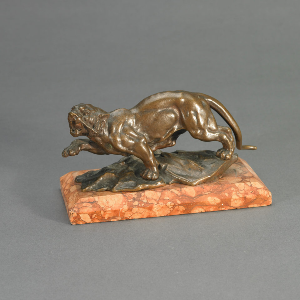 Appraisal: French Patinated Bronze Figure of a Rampant Tiger c on