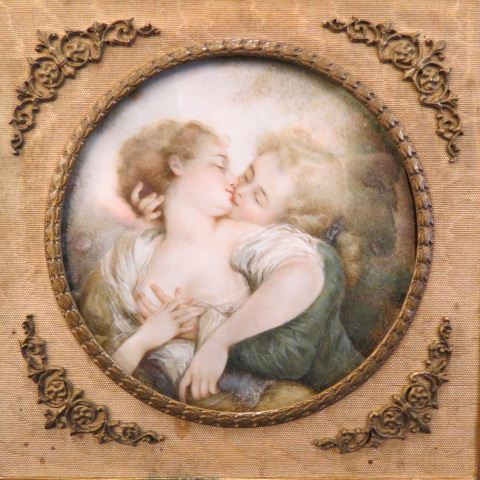 Appraisal: Miniature Painting on Ivory The Kiss young lovers in French