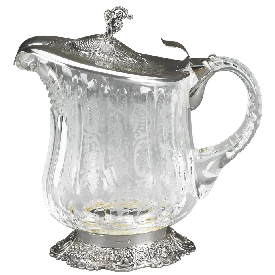 Appraisal: Continental Silver Mounted Cut and Etched Glass Wine Jug c