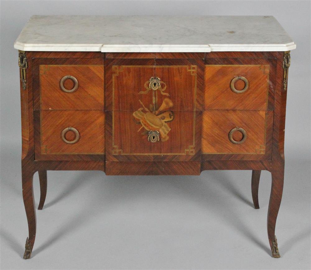 Appraisal: LOUIS XV XVI STYLE MARQUETRY TULIPWOOD AND KINGWOOD COMMODE with