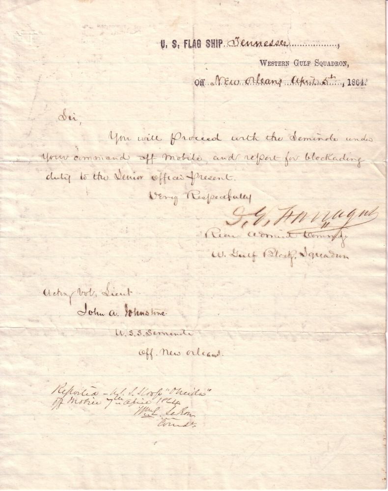 Appraisal: CIVIL WAR FARRAGUT DAVID G Partly-printed Letter Signed D G