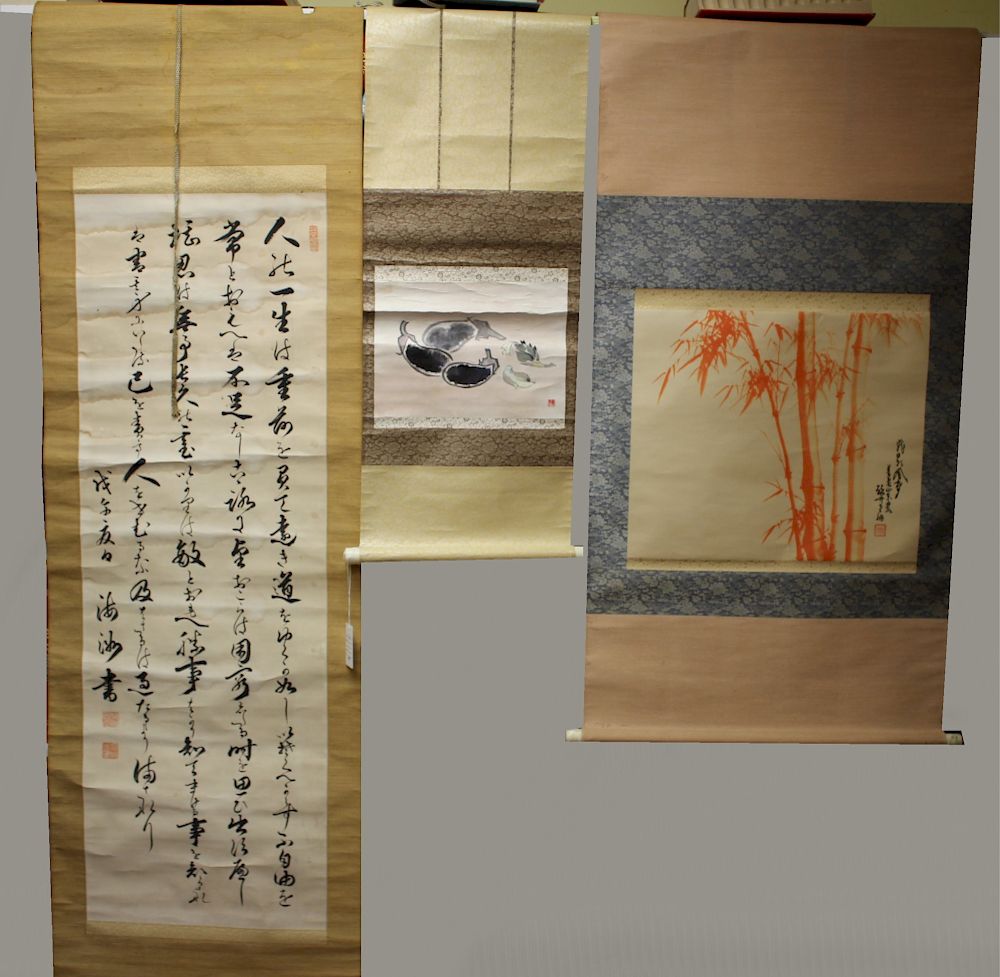 Appraisal: Three Ink Color Wash Japanese Scrolls Calligraphy fruit red bamboo