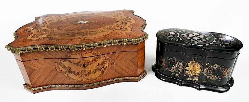 Appraisal: Two Decorated Inlaid Boxes Continental th century cartouche shaped lidded