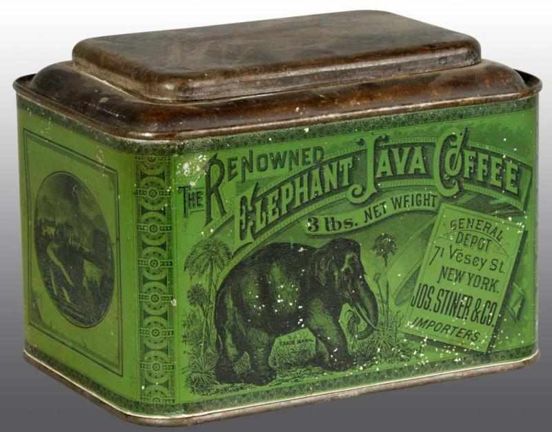 Appraisal: Renowned Elephant Java Coffee Counter Tin Description Three-pound version Very