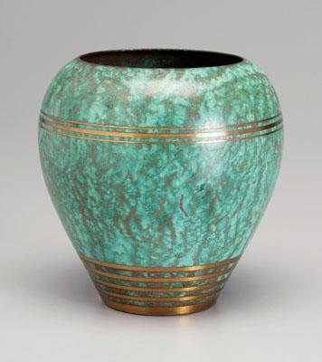 Appraisal: Sorensen bronze vase textured green surface with brass bands base