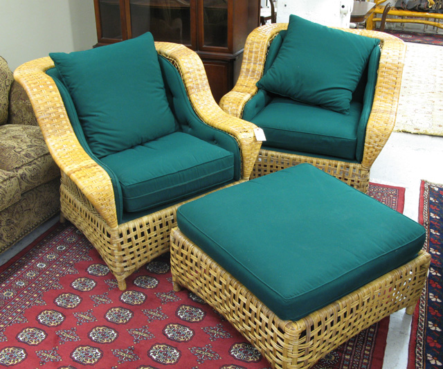 Appraisal: WICKER ARMCHAIR AND OTTOMAN SET The Wicker Works Co recent