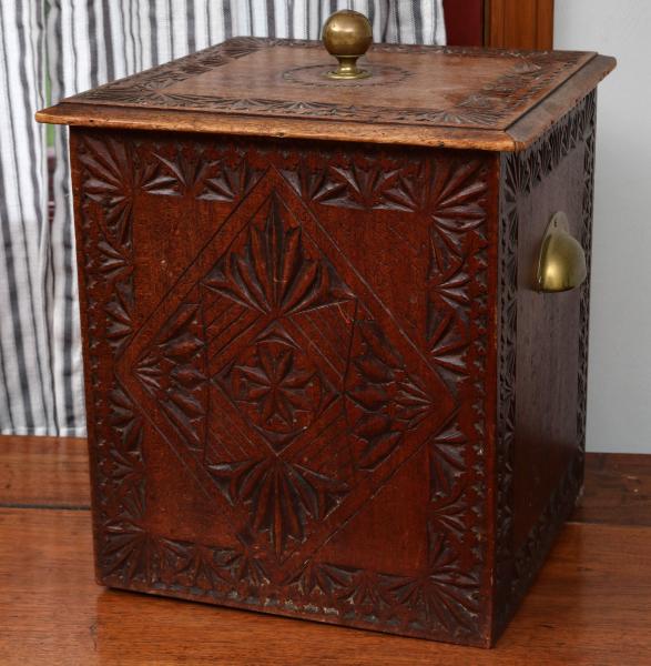 Appraisal: AN ANTIQUE CARVED MAHOGANY KINDLING BOX WITH BRASSThe tall square