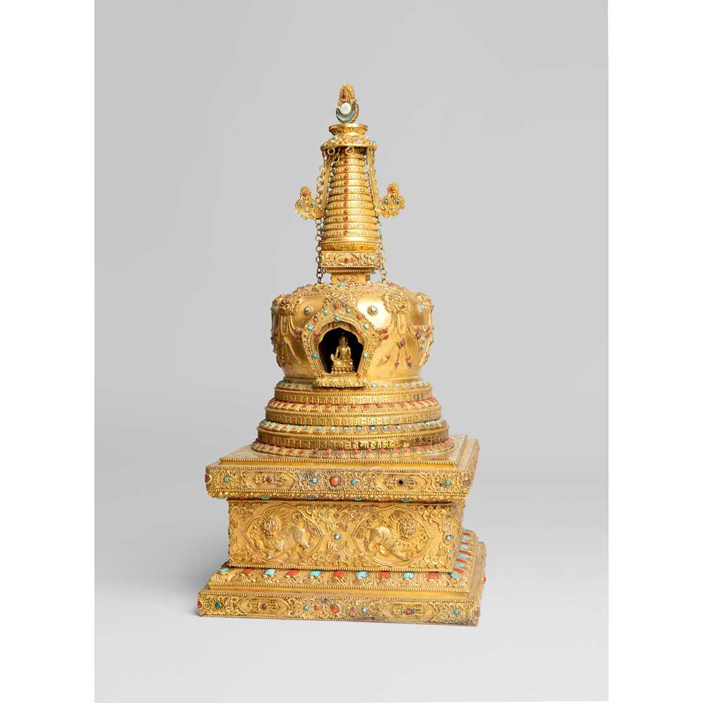 Appraisal: LARGE GILT BRONZE STUPA TH- TH CENTURY the reliquary cast