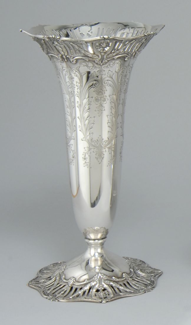 Appraisal: GRAFF WASHBOURNE DUNN STERLING SILVER VASE With superb engraved and