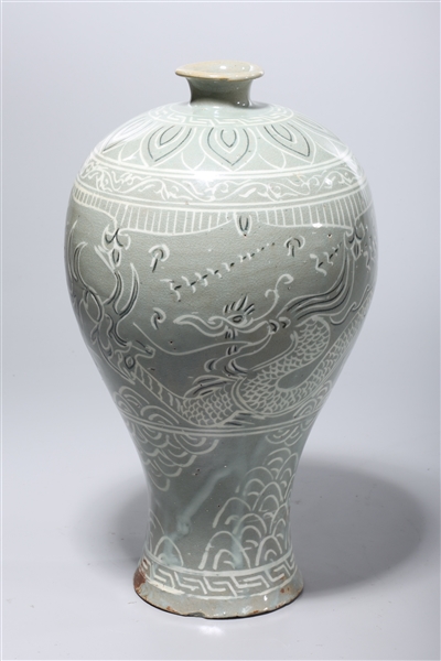 Appraisal: Korean celadon glazed vase with dragons x approx Condition chips