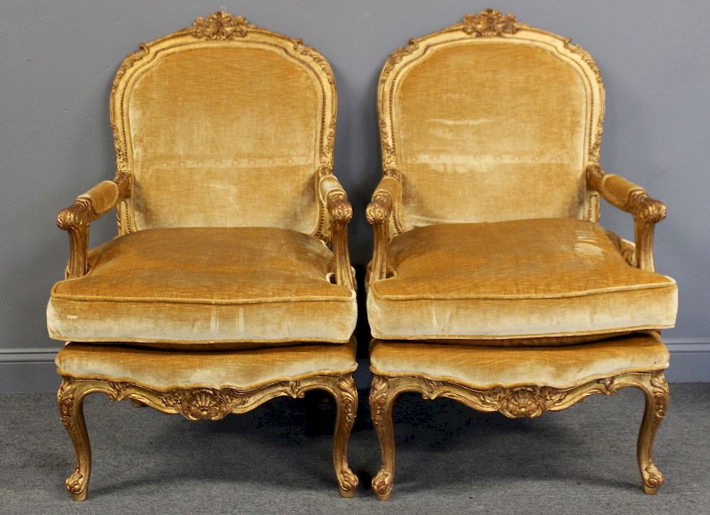 Appraisal: Pair of Louis XV Style Finely Carved Upholstered And Giltwood