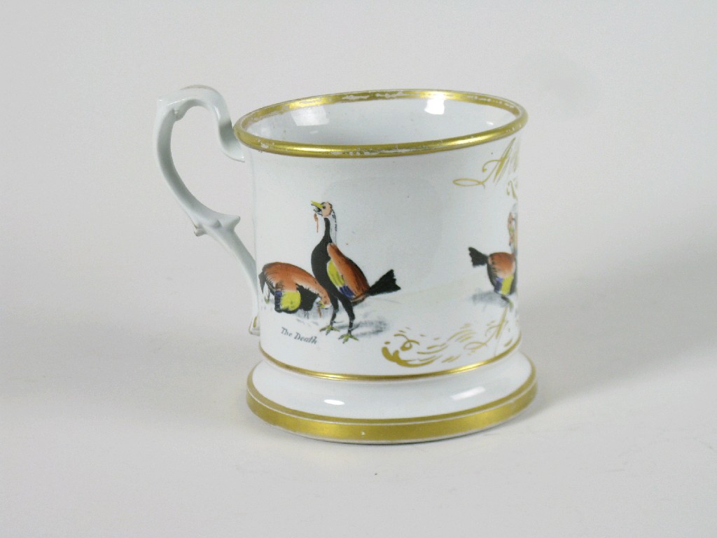 Appraisal: A th Century Staffordshire fighting cocks Mug showing three scenes