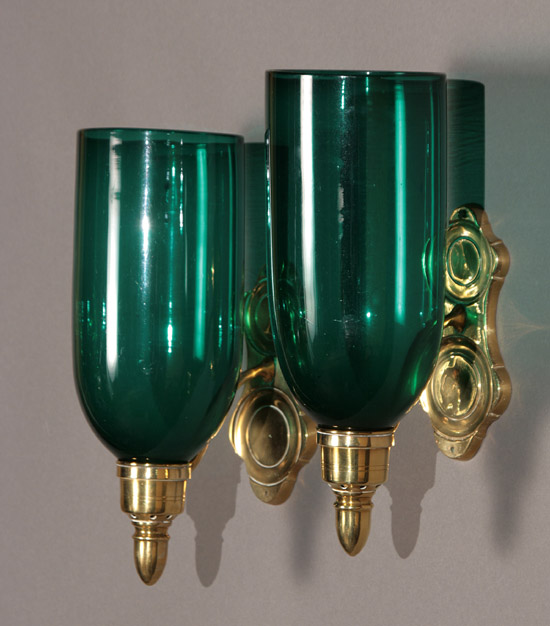 Appraisal: Pair of Victorian Brass Single-Light Sconces with Green Glass Shades