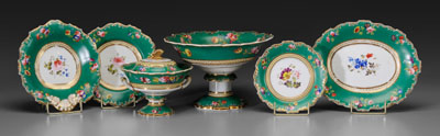 Appraisal: pieces porcelain hand-painted floral decoration green borders with gilt highlights