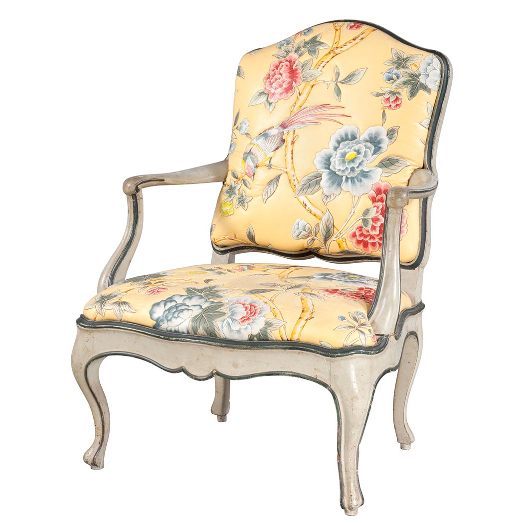 Appraisal: Italian Rococo Painted Armchair th th Century The arched rectangular