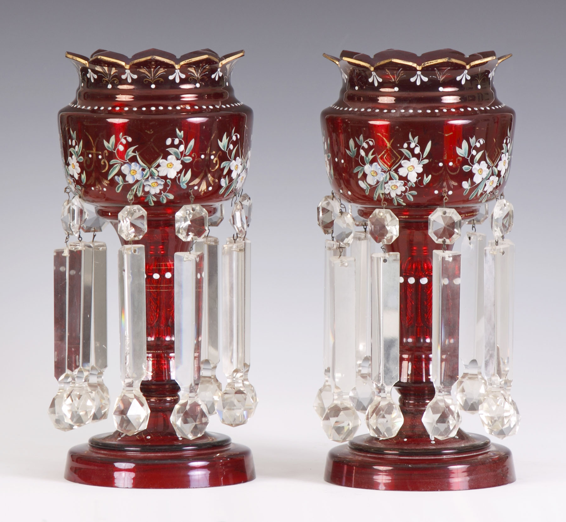 Appraisal: Pair of Cranberry Enameled Lusters With cut glass prisms original