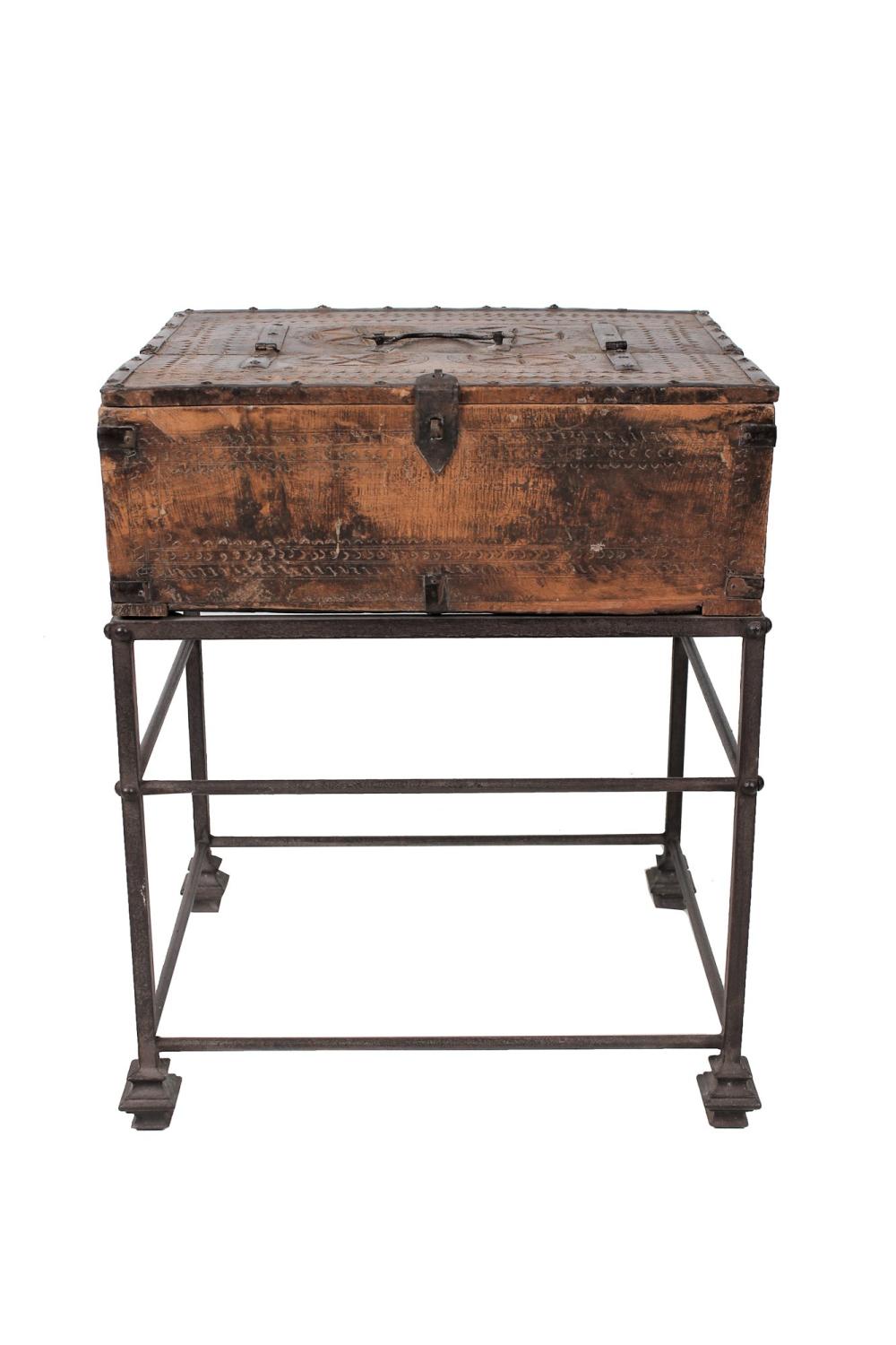 Appraisal: CARVED WOOD IRON TRUNK ON STANDCondition wear throughout commensurate with