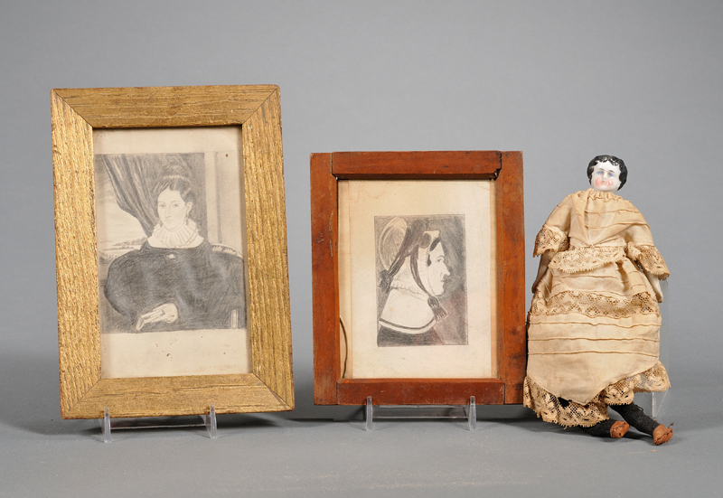 Appraisal: Two Small Framed Portraits of Women and a Small Porcelain