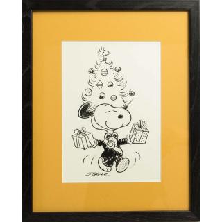 Appraisal: Framed ink drawing Snoopy carrying presents in his hands with