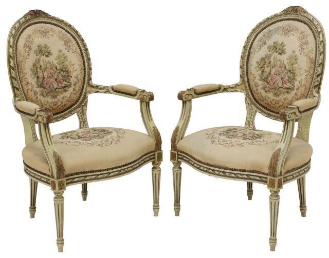 Appraisal: pair French Louis XVI style painted armchairs early th c