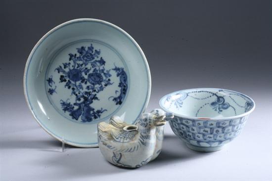 Appraisal: THREE PIECES CHINESE BLUE AND WHITE PORCELAIN Ming Dynasty Bowl