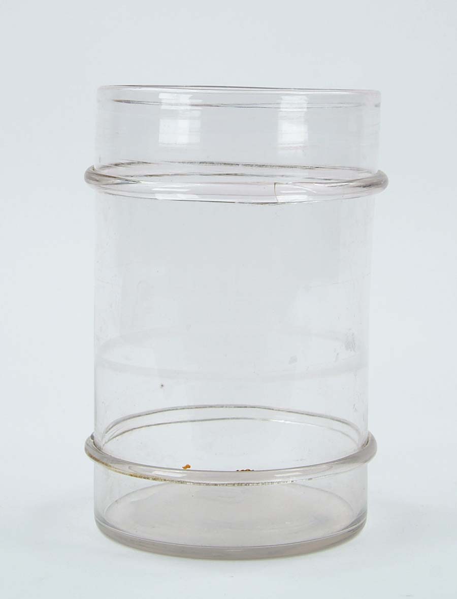 Appraisal: HAND BLOWN CLEAR GLASS JAR Cylinder shaped with two applied