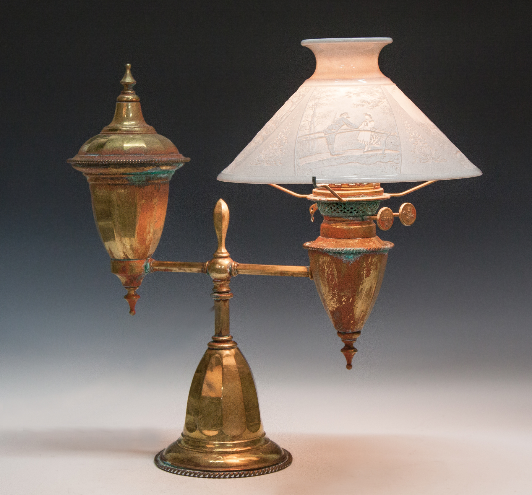 Appraisal: Bradley Hubbard Single Brass Student Lamp with Lithophane Shade Courting