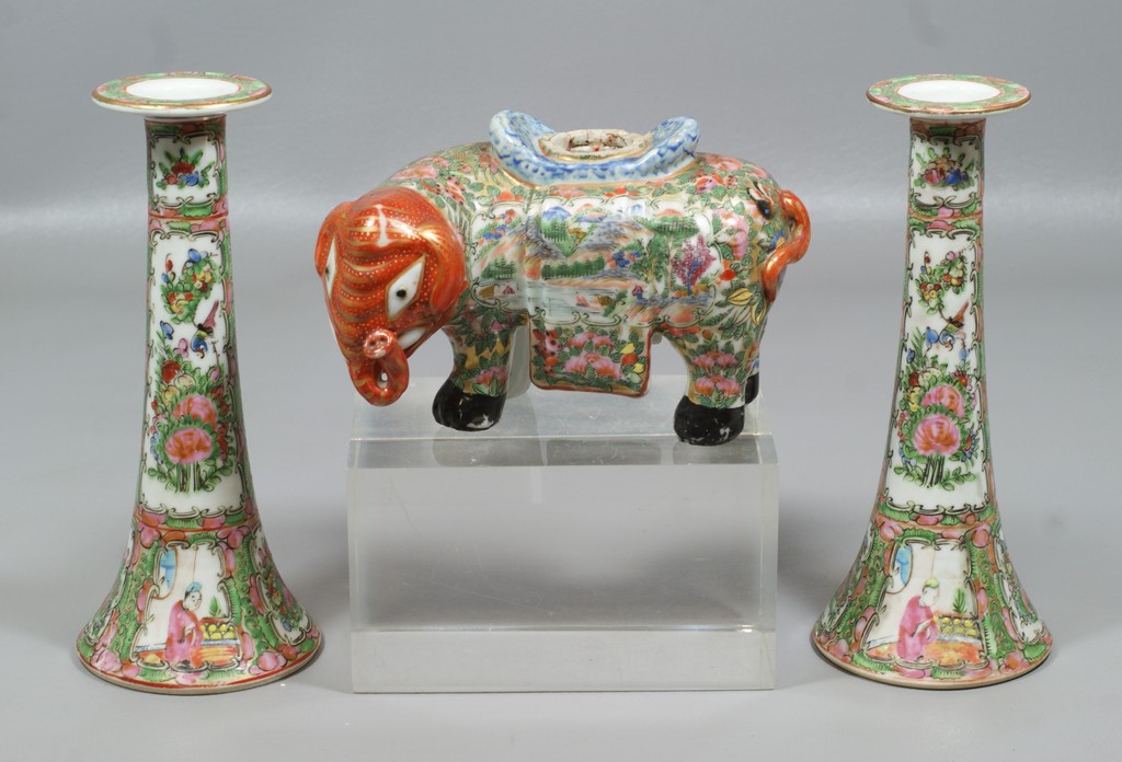 Appraisal: Pr Chinese porcelain Rose Medallion candlesticks h with a Famille