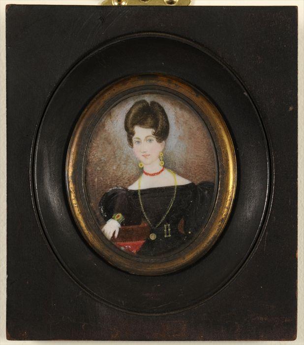 Appraisal: PORTRAIT MINIATURE OF A BEJEWELLED LADY Gouache on ivory x