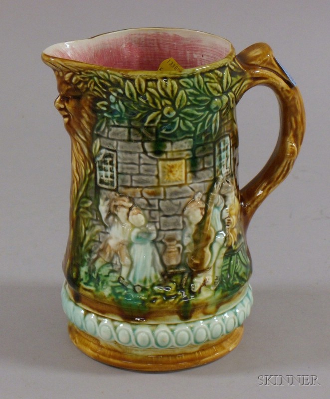 Appraisal: Frie Onnaing Majolica Glazed Ceramic Pitcher with castle courtyard scene