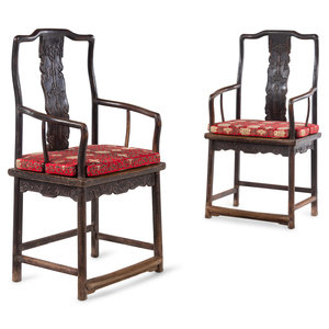 Appraisal: A Pair of Chinese Brown Lacquered Elmwood Scholar's Armchairs Guanmaoyi