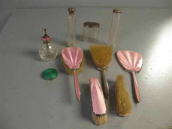 Appraisal: Silver mounted pink guilloche enamelled five piece dressing table set