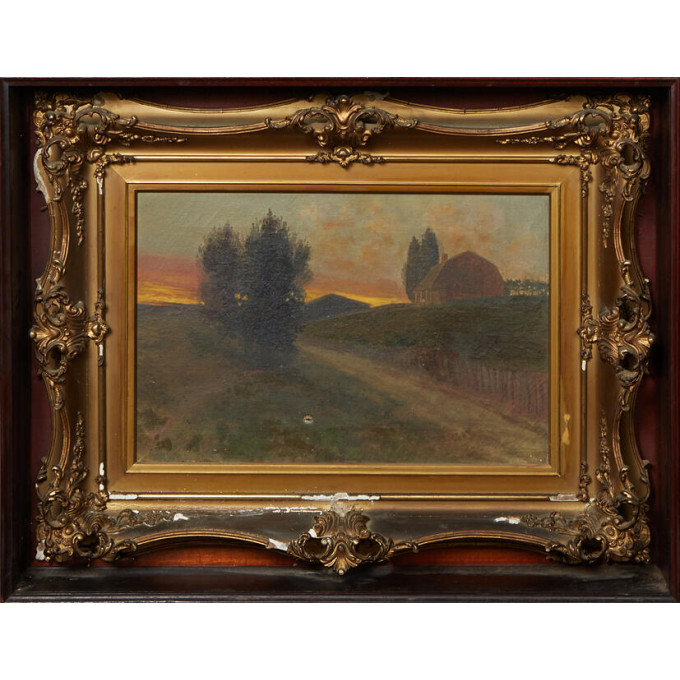 Appraisal: Augustus Lux American Farmhouse at Sunset th c oil on