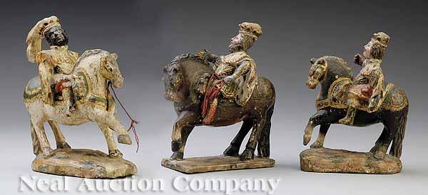 Appraisal: Three Continental Carved and Polychromed Equestrian Figures of Princes probably