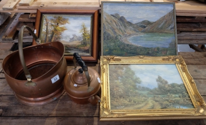 Appraisal: A collection of framed paintings Copper coal bucket and kettle