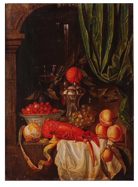 Appraisal: STUDIO OF MIGUEL CANALS - Arrangement of fruit and lobster