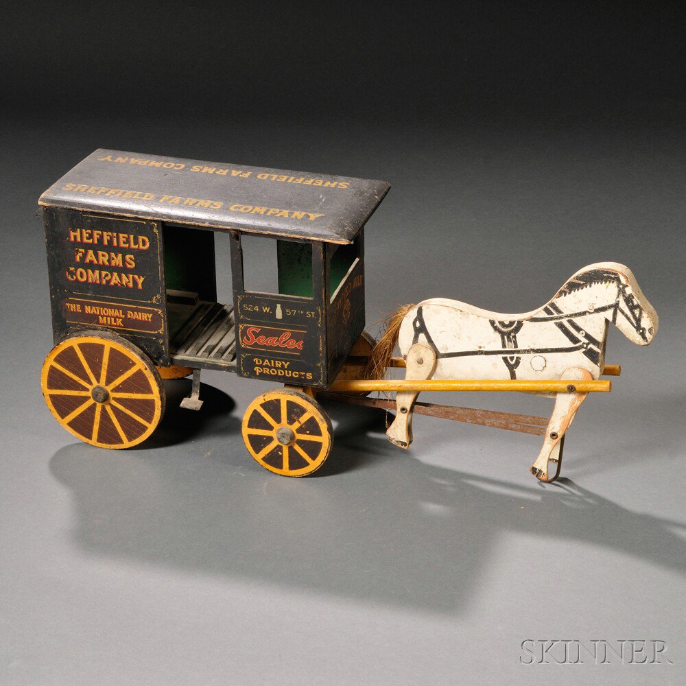 Appraisal: Painted Wooden Horse-drawn Milk Wagon Push-toy America late th early