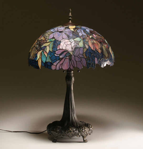 Appraisal: Large Tiffany style leaded glass table lamp floral shade on