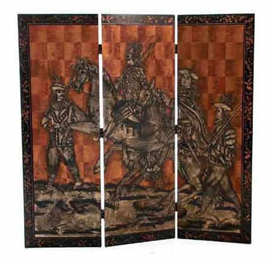 Appraisal: Oriental three-part coromandel floor screen three hinged panels open to