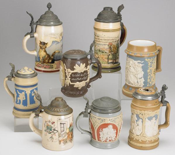 Appraisal: METTLACH STEINS Eight Villeroy Boch steins include numbers painted under