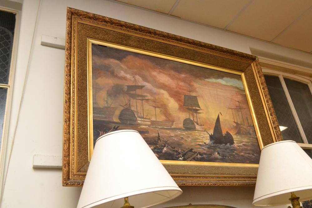 Appraisal: A LARGE GILT FRAMED PAINTING DEPICTING A SHIP SCENE A