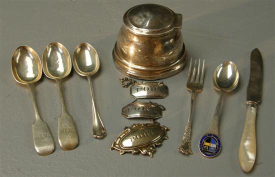 Appraisal: Silver ink well three spirit labels and four spoons and