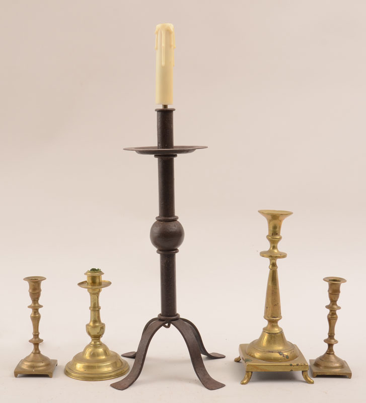 Appraisal: Baroque Style Wrought-Iron Candlestick Lamp and Four Brass Candlesticks to