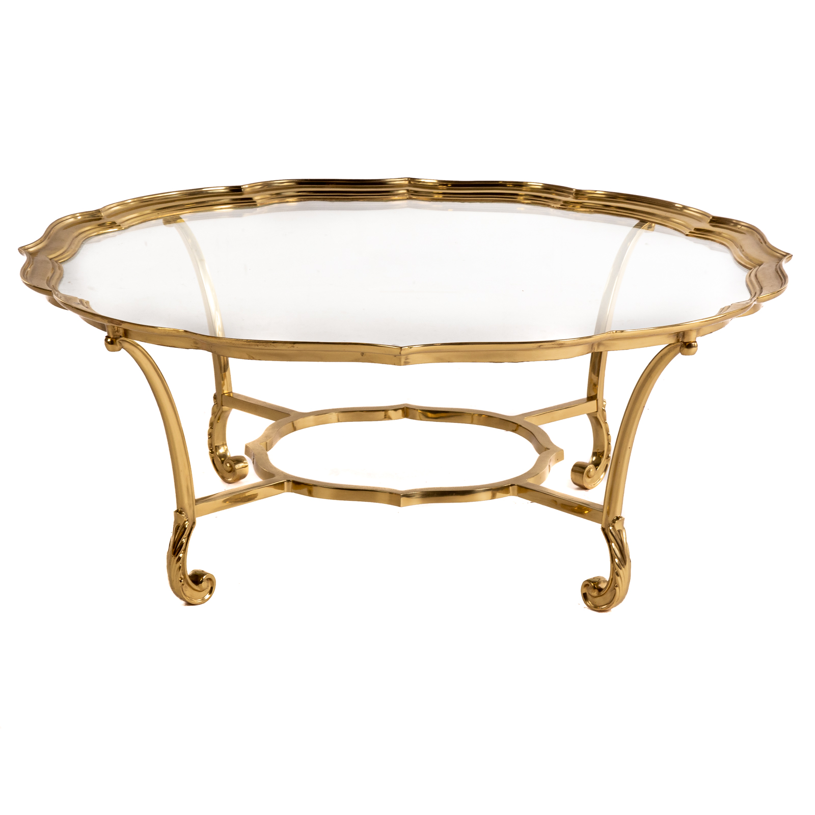 Appraisal: LA BARAGE BRASS GLASS COFFEE TABLE th century pie crust