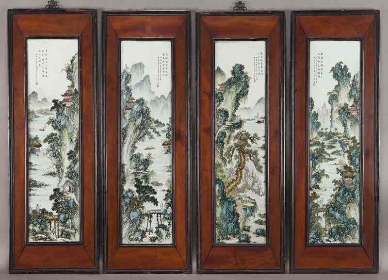 Appraisal: Chinese porcelain plaque inlaid four panel screenattr to Chen Baochang