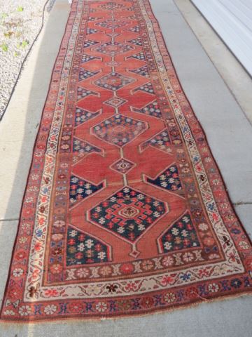 Appraisal: Hamadan Persian Handmade Runner semi-antique geometrics stylied florals salmon field