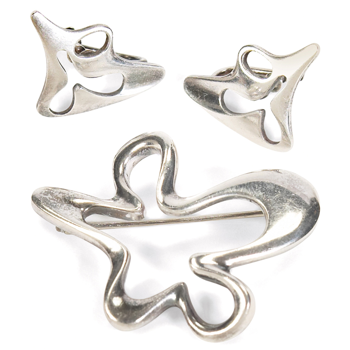 Appraisal: Henning Koppel pin and earrings sterling biomorphic forms pin ''Georg