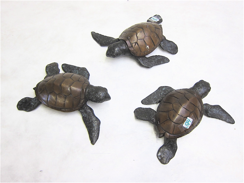 Appraisal: SET OF THREE BRONZE TURTLE SCULPTURES Lengths inches