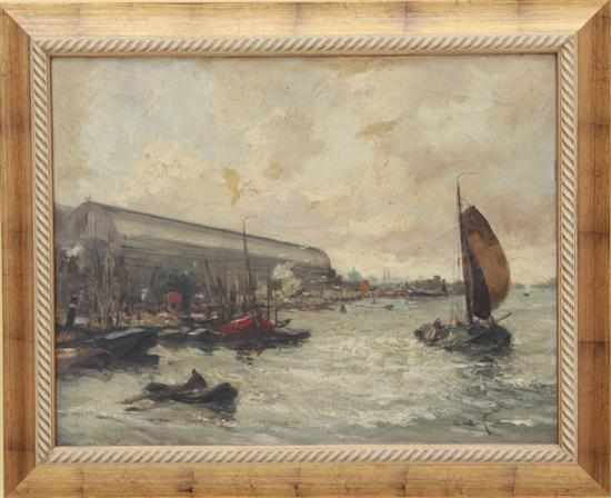 Appraisal: Continental school th century HARBOR SCENE oil on canvas framed