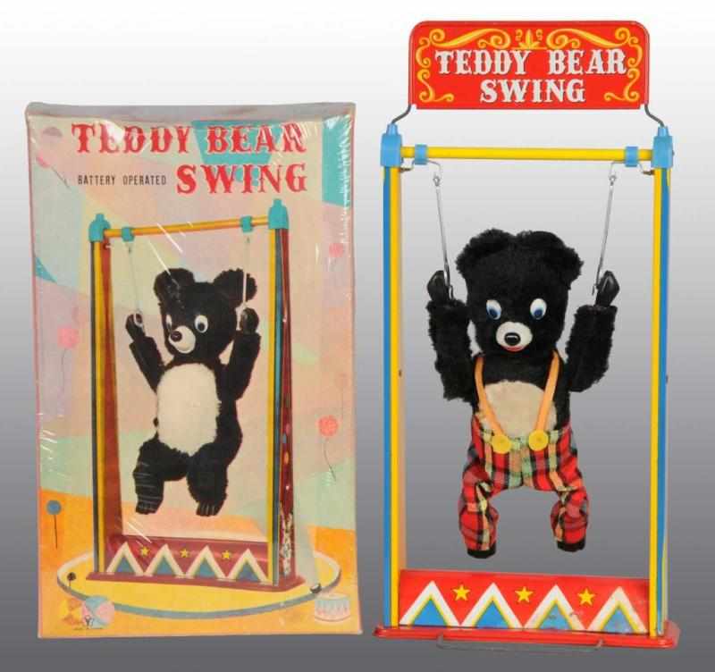 Appraisal: Tin Teddy Bear Swing Battery-Operated Toy Description Japanese Working Original